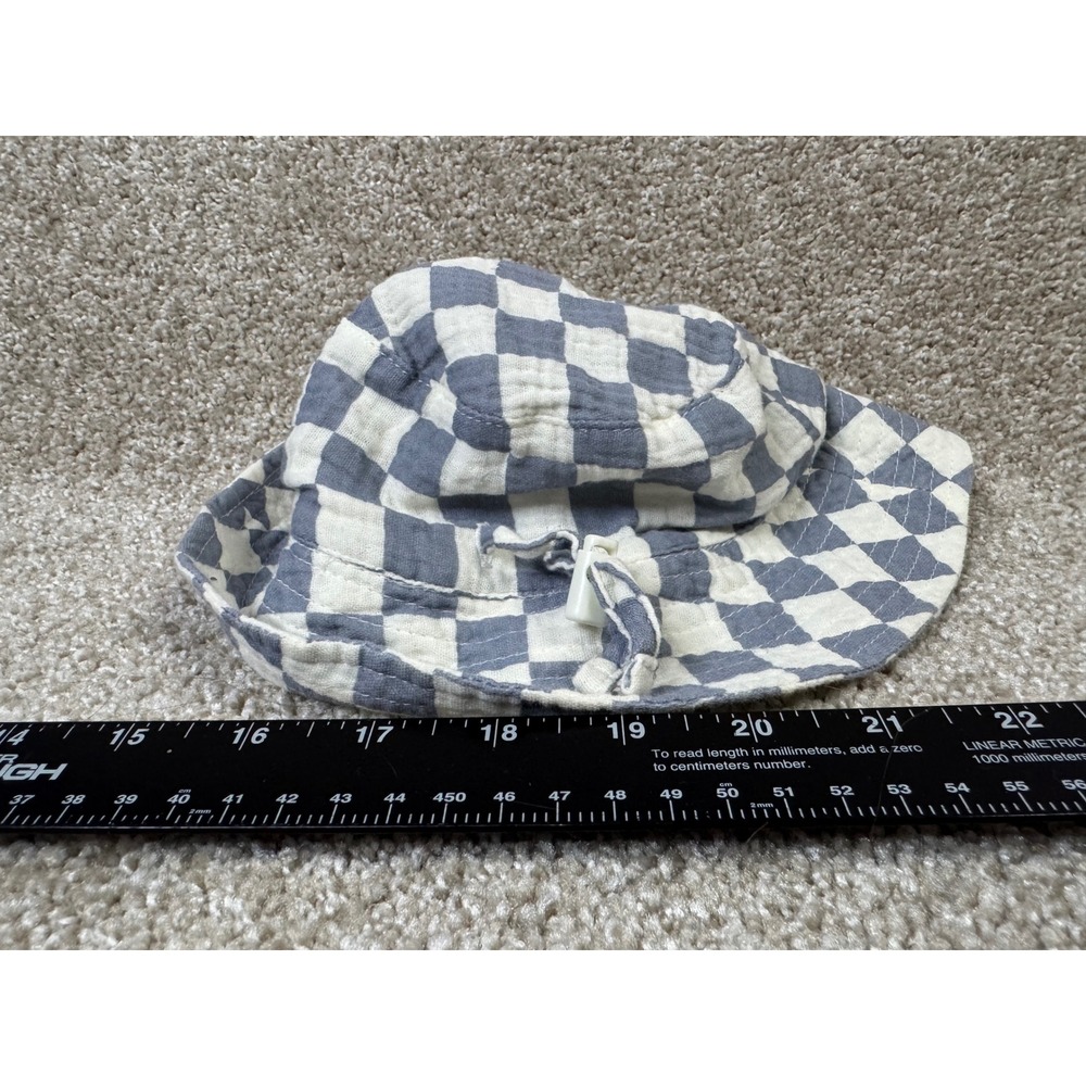 Blue White Checkered Cotton Gauze Bucket Hat with Adjustable Chin Strap